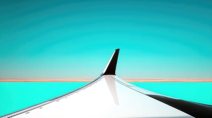Fototapeta premium Airplane Wing Extending Over a Clear Turquoise Sky and Distant Horizon at Cruising Altitude