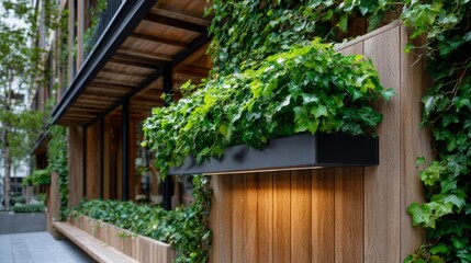 Urban garden decoration with lush green plants along wooden panels in a modern city setting