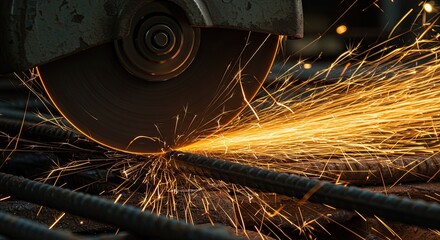 Metal cutting process sparks fly during industrial steel bar operation