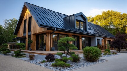 Modern house design with sleek features and landscaped garden in the afternoon sun