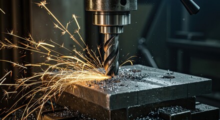 Metal milling machine in operation generating sparks in close up view
