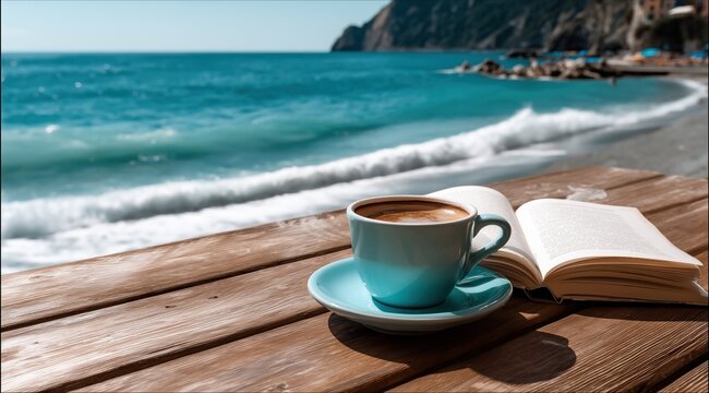 Une tasse de caf&eacute; et un livre ouvert pos&eacute;s sur la table en bois d'un bar en bord de mer, plage et mer avec vagues en arri&egrave;re-plan, concept de vacances heureuses.