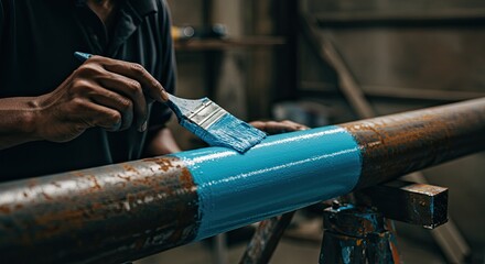 Person applying bright blue paint to metal pipe with brush in workshop