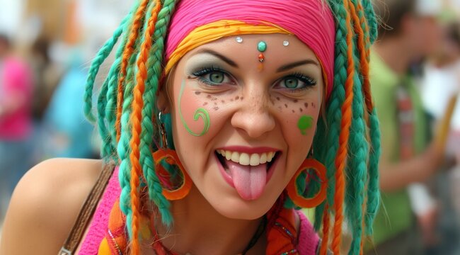 Femme souriante et s&eacute;duisante portant un costume de carnaval ou de th&eacute;&acirc;tre de rues color&eacute;, maquillage avec taches et dessins sur le visage et cheveux avec tresses de couleur verte et orange.
