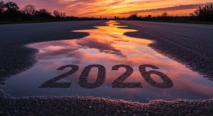 Road reflection of sunset sky with year 2026 in puddle