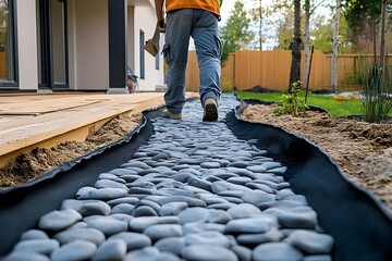 Pebble path installation in garden with geotextile borders as worker steps along new walkway beside deck