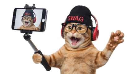 Orange cat taking selfie with headphones isolated on a transparent background