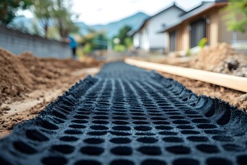Closeup of geogrid drainage mat on prepared ground during driveway construction in residential area
