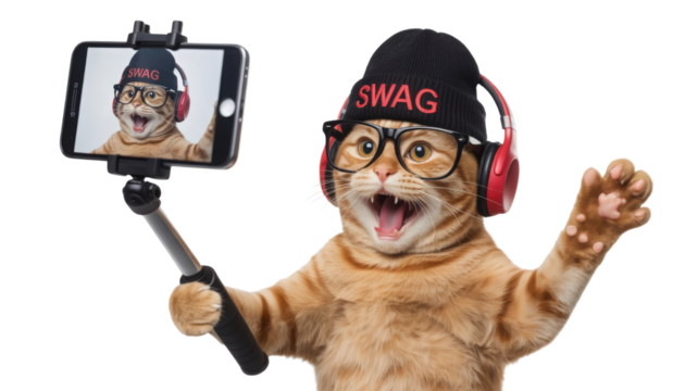 Orange cat taking selfie with headphones isolated on a transparent background
