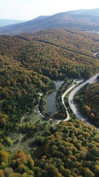 The colors of the tree leaves in the mountains in autumn and the winding, dangerous road. 