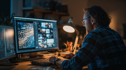 Creative designer working at computer in modern office space at night
