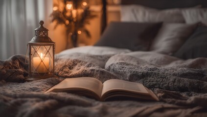 Warm reading nook in softly lit bedroom