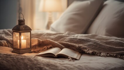 Relaxing evening with open book on bed