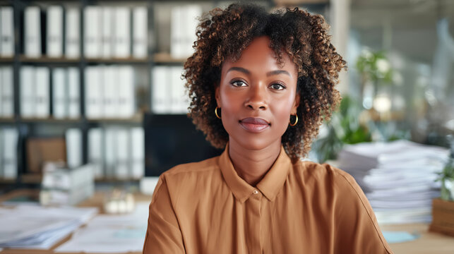 Professional woman at desk modern office portrait bright environment - Powered by Adobe