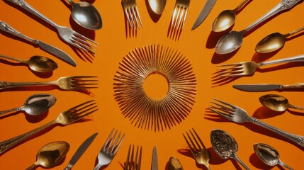 Pop art flat lay of stainless cutlery, antique silverware, golden forks in a circle over orange backdrop.
