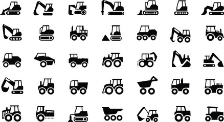 Construction vehicle icons, heavy machinery silhouettes, excavator, bulldozer, dump truck, loader, industrial equipment, engineering tools, black vector set, isolated graphics