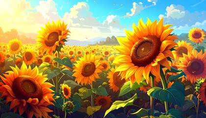 An animated, vibrant field of sunflowers basks in the sunlight under a bright blue sky with puffy clouds