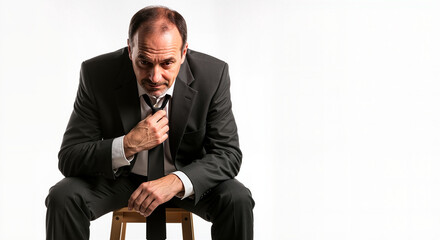 Worried businessman in suit adjusting tie with intense gaze, conveying stress and pressure in a modern professional setting, ready for important decisions.