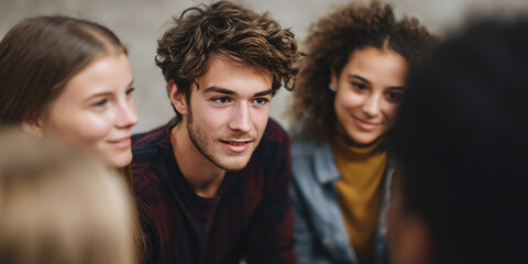 Obraz premium Engaging conversation among friends in an urban setting candid moment