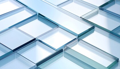 Abstract composition showcasing a grid of overlapping transparent glass rectangles in various sizes, reflecting light