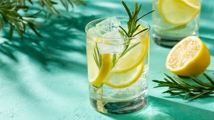 Summer lemonade or cocktail with ice, rosemary, and lemon slices on pastel green surface. Cold fresh lemon water.