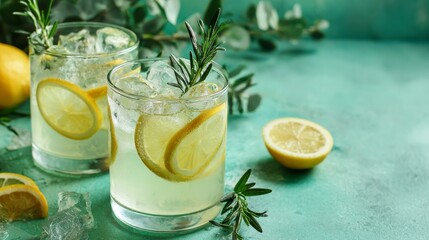 Summer lemonade or cocktail with ice, rosemary, and lemon slices on pastel green surface. Cold fresh lemon water.