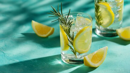 Summer lemonade or cocktail with ice, rosemary, and lemon slices on pastel green surface. Cold fresh lemon water.