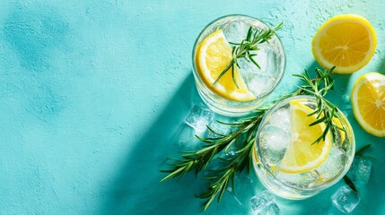 Summer lemonade or cocktail with ice, rosemary, and lemon slices on pastel green surface. Cold fresh lemon water.