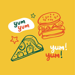 Yum Yum words set. Printable graphic tee. Design doodle for print. Vector illustration. Colorful. Cartoon hand drawn calligraphy style. orange Black and white