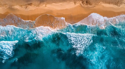 Top aerial view of golden sandy beach meeting deep blue ocean waves. Seaside vacation and travel concept.