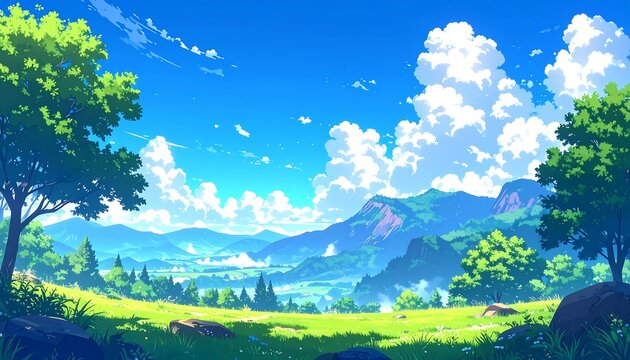 An animated vista showcases a verdant meadow dotted with trees. Rolling hills meet a vast sky with fluffy clouds, creating a peaceful and expansive scene