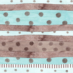 Horizontal brown and mint polka dot lines. Multi-pattern print. Abstract seamless watercolor pattern. Perfect for kitchen textiles and wallpaper, tablecloths and scarves