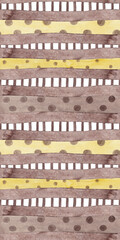 Horizontal brown and yellow polka dotted lines with lattice-like gaps. Multi-patterned oblong print in a rectangular shape. Abstract seamless watercolor pattern. Perfect for table runners and rugs