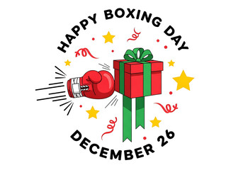 Happy boxing day december 26 text and boxing glove punching gift isolated on transparent background