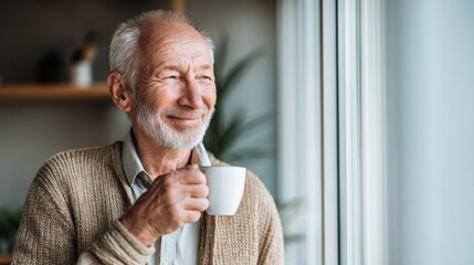 Senior man smiling with coffee cup while looking out window