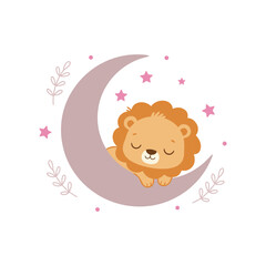 Sleeping baby lion on crescent moon with pink stars and leaves