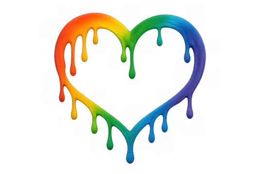 Rainbow heart drippling paint effect, celebrating love, pride, diversity and emotion on transparent background