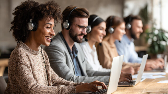 Diverse customer support team working in call center with headsets