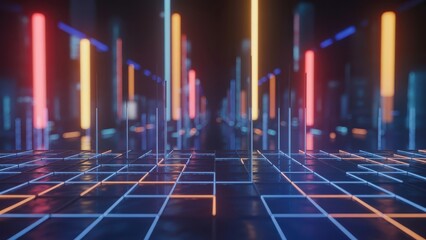 Abstract neon grid cityscape with vertical glowing light columns future.