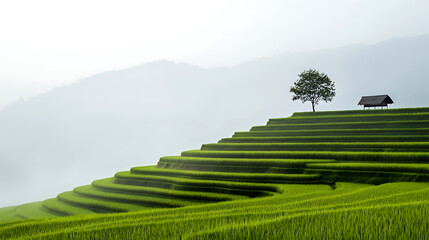 Lush green rice terraces ascend gently toward a lone tree and small structure, shrouded by a serene, misty atmosphere and rolling hills in the distance. #nature