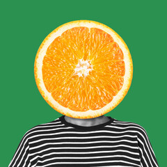 A pop-art inspired collage with a full orange slice as the subject’s head. With sharp color contrast and clean composition, the piece merges everyday fruit with abstract human form.	
