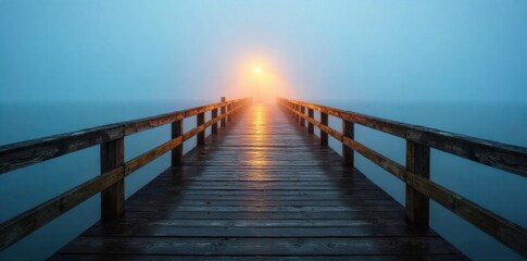 Obraz premium Solitary pier light illuminating a misty ocean at dawn, evoking calm and isolation. A weathered wooden pier with a single, classic black pier light at its end, casting a warm yellow glow into thick,