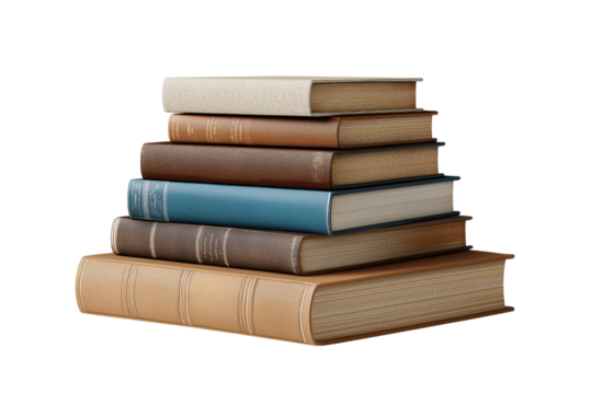 Stack of six hardcover books isolated on a transparent background