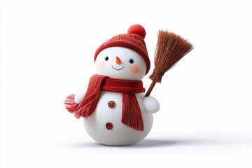 Winter snowman wearing a red scarf and hat, holding a broom in a cheerful stance