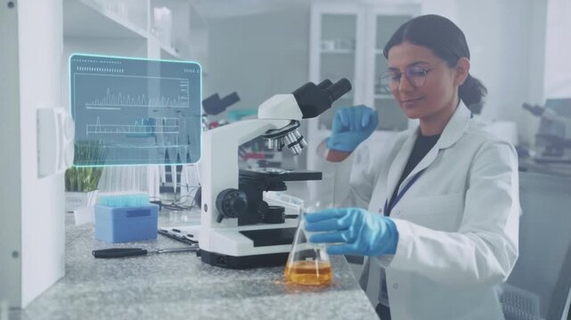 Female Scientist Using Microscope in Modern Laboratory