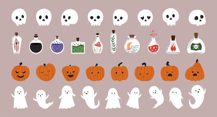 Obraz premium Hand drawn Halloween clipart set with ghosts, pumpkins, skulls, and potions. Perfect for spooky cute designs, stickers, prints, and seasonal illustrations.