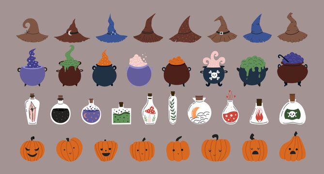 Hand drawn Halloween magic clipart set with potions, witch hats, cauldrons, and pumpkins. Perfect for spooky cute designs, stickers, prints, and cozy seasonal projects.