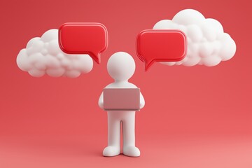 Businessman with a laptop and two empty speech bubbles