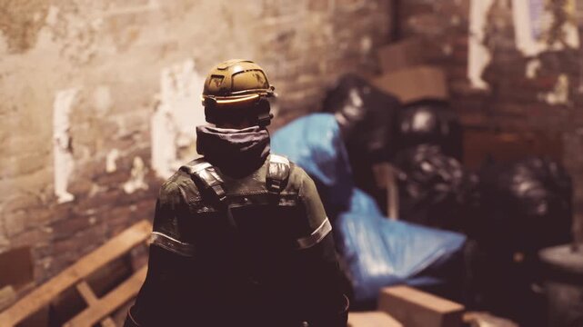 A worker wearing protective gear stands in a dimly lit warehouse. Boxes and plastic bags are scattered around, indicating an area in need of cleanup or inspection.
