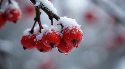 Red berries of mountain ash on a tree in winter during a snowfall